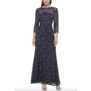 NWT Eliza J Navy Blue Floral Lace Bateau Neck Long Sleeve V-back Maxi Dress Gown
